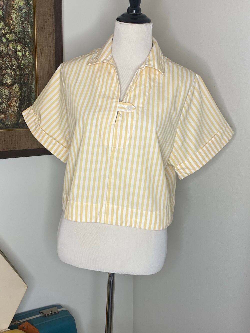 Banana Republic Factory Poplin Top L Yellow Stripe Cropped Boxy Cotton Shirt